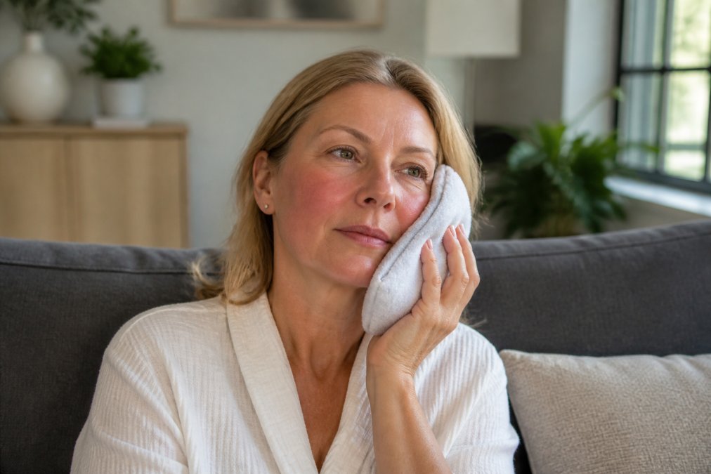 A woman in her 40s resting on a sofa with a cool gel pack wrapped in a soft cloth gently pressed to her cheek, skin slightly pink, calm and comfortable home setting with soft natural light