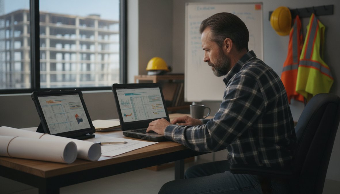 Construction manager reviewing project data on a laptop at an office desk with blueprints spread out and a tablet showing site photos nearby, warm office lighting