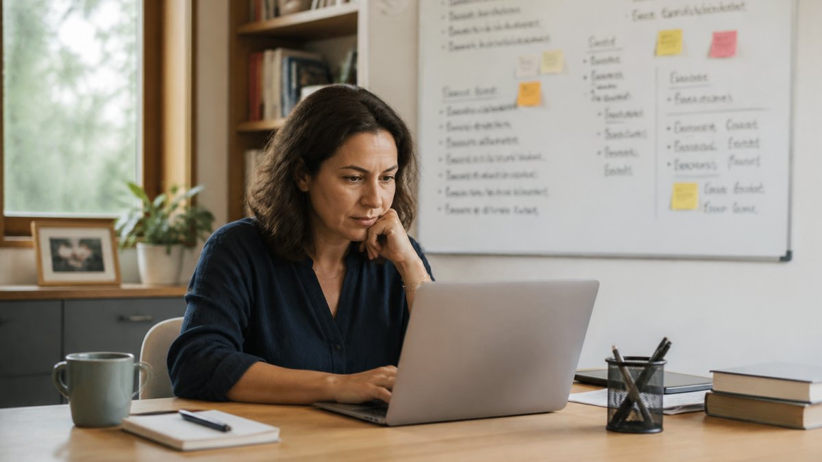 A non-technical founder in a home office reviewing a project dashboard on a laptop, with a whiteboard showing team goals in the background