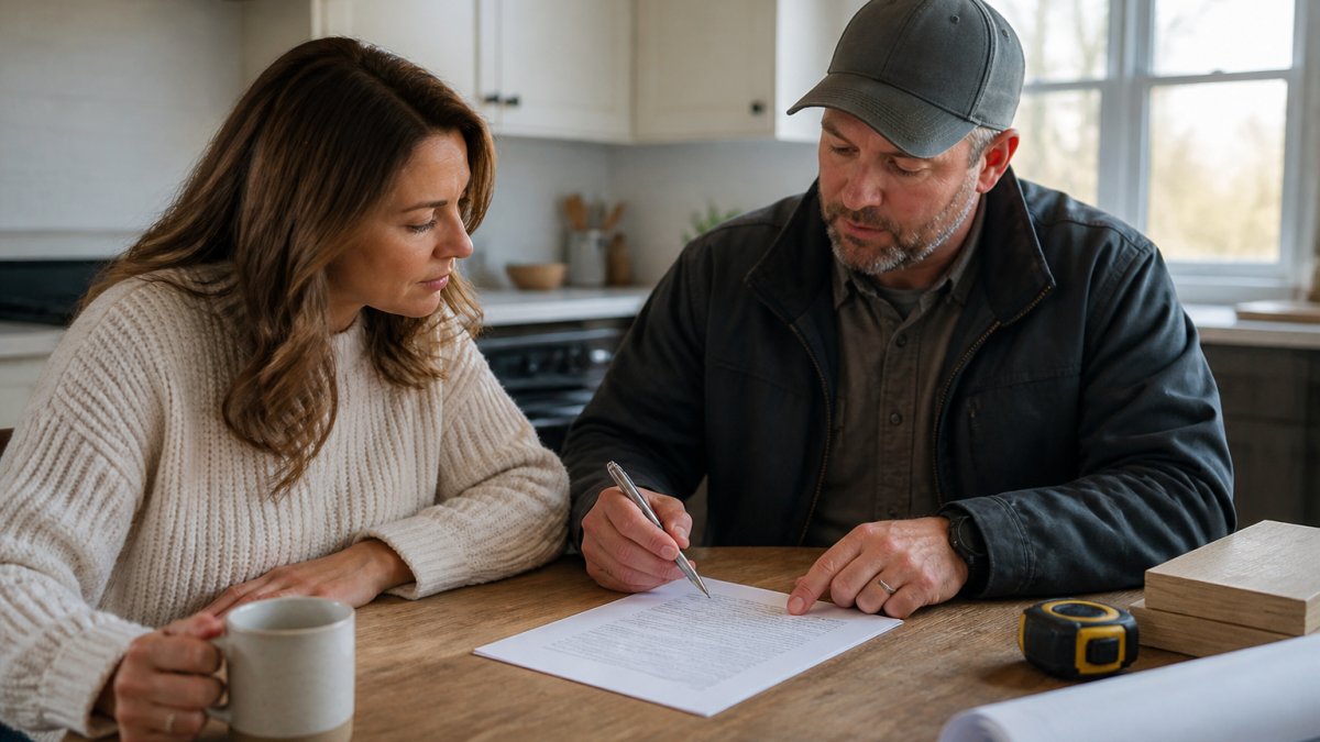 Checklist infographic for reviewing renovation contractors’ agreements at a kitchen table