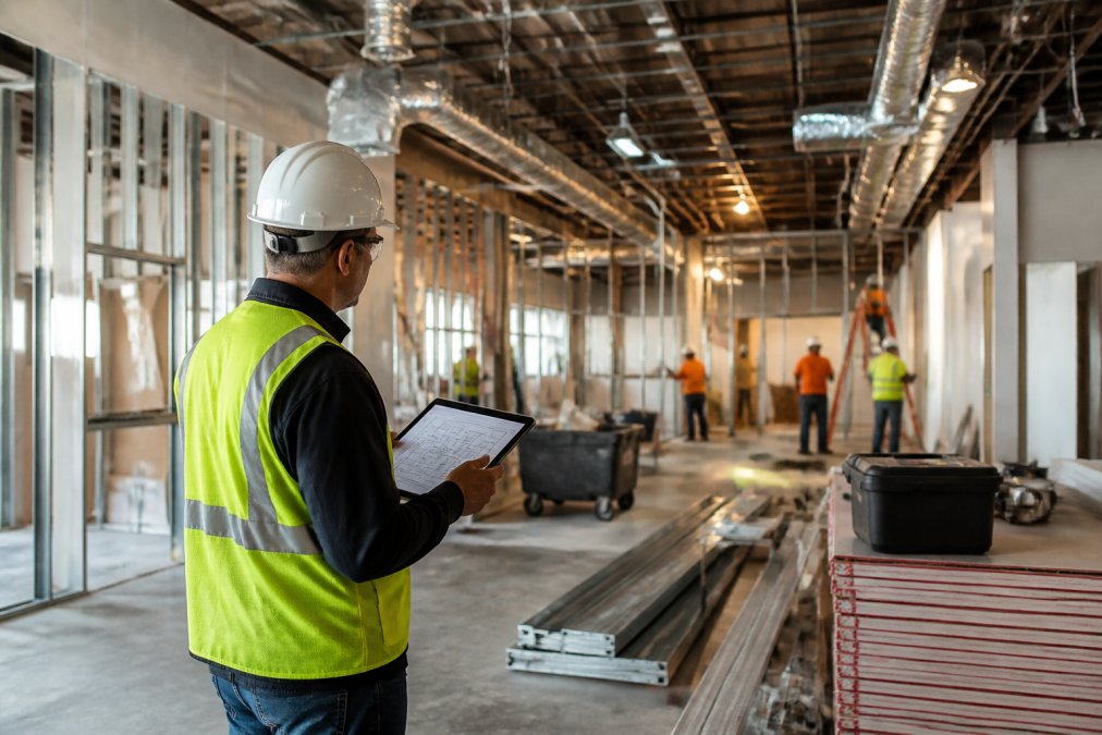 Project manager reviewing blueprints on a tablet during retail interior fit outs with construction workers nearby