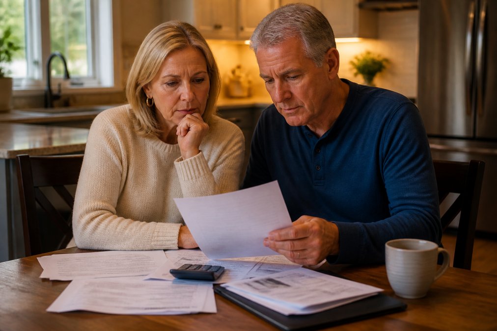 A couple in their late 50s sitting at a kitchen table reviewing financial documents and a laptop, with a concerned but focused expression, warm home lighting