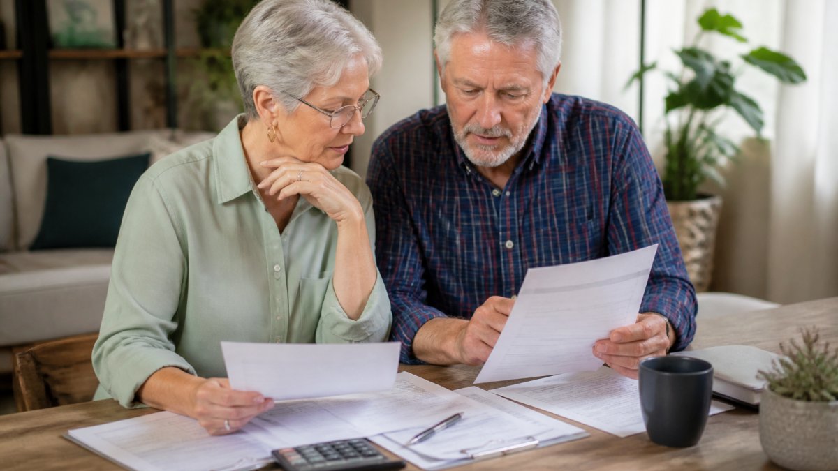 Mature couple reviewing financial documents at a desk while managing retirement portfolio risk with different life