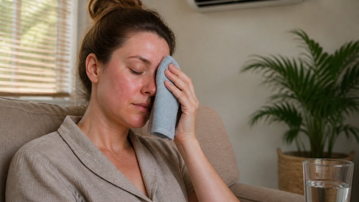 Person applying a cool compress to their face while sitting in a shaded, air-conditioned room with a glass of water nearby
