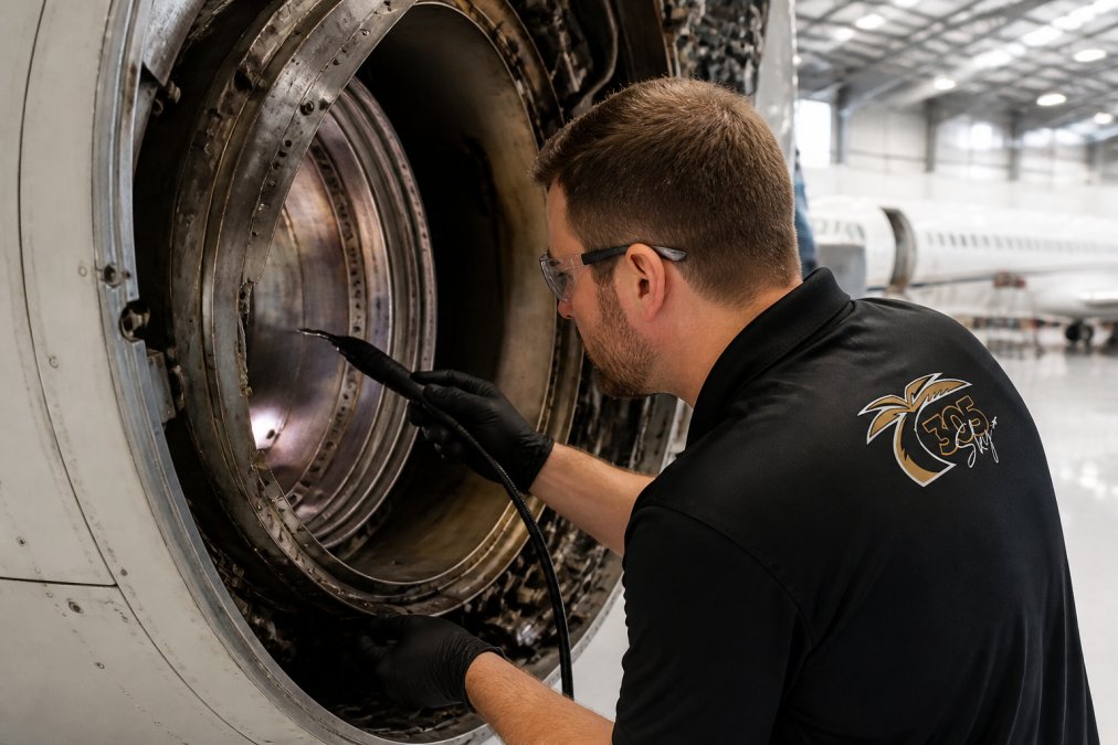 Aircraft maintenance technician using a borescope to inspect the interior of a turbine engine's hot section, examining combustor components under bright work lights in a maintenance hangar
