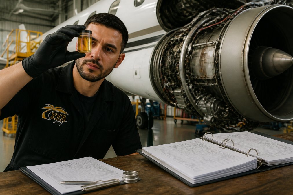 Aircraft maintenance technician holding an oil sample container up to natural light to inspect the oil's color and clarity, with maintenance records and analysis reports visible on the workbench