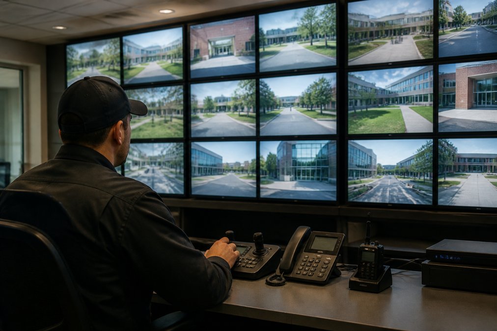 Security operations center with multiple monitors displaying live video feeds from different campus buildings, security staff member monitoring screens in a professional control room with ambient lighting