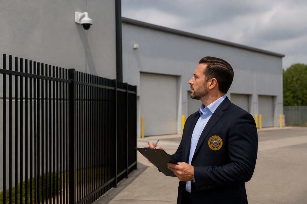 Security consultant auditing a warehouse perimeter for managing security for multiple locations effectively.