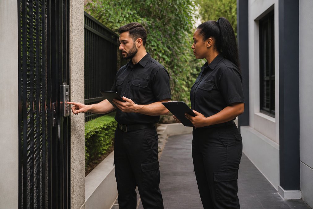 Security team members conducting a structured site inspection walkthrough, checking access points and documenting findings on a tablet in daylight