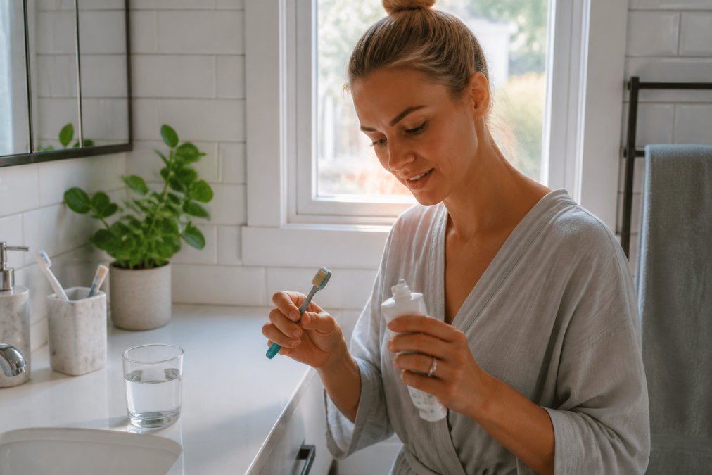 Close-up of a person's hands holding a soft-bristled toothbrush and a tube of desensitising toothpaste beside a glass of water on a clean bathroom counter with natural morning light