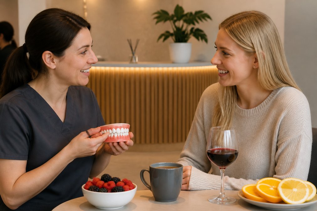 A wooden table displaying common post-whitening irritants arranged in groups: a steaming cup of black coffee, a glass of red wine, a bowl of fresh raspberries and blackberries, and sliced lemon and orange halves in natural daylight