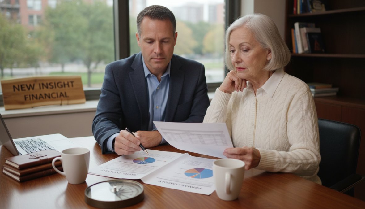 Financial advisor and retiree reviewing portfolio statements and asset allocation charts together at a desk with a laptop and coffee in a modern office setting with natural window lighting