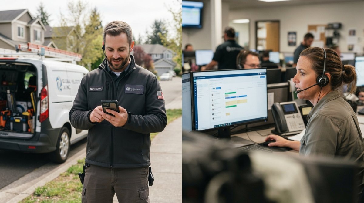 Professional service technician in the field using mobile device to check appointment schedule while office dispatcher coordinates next job on computer dashboard in background