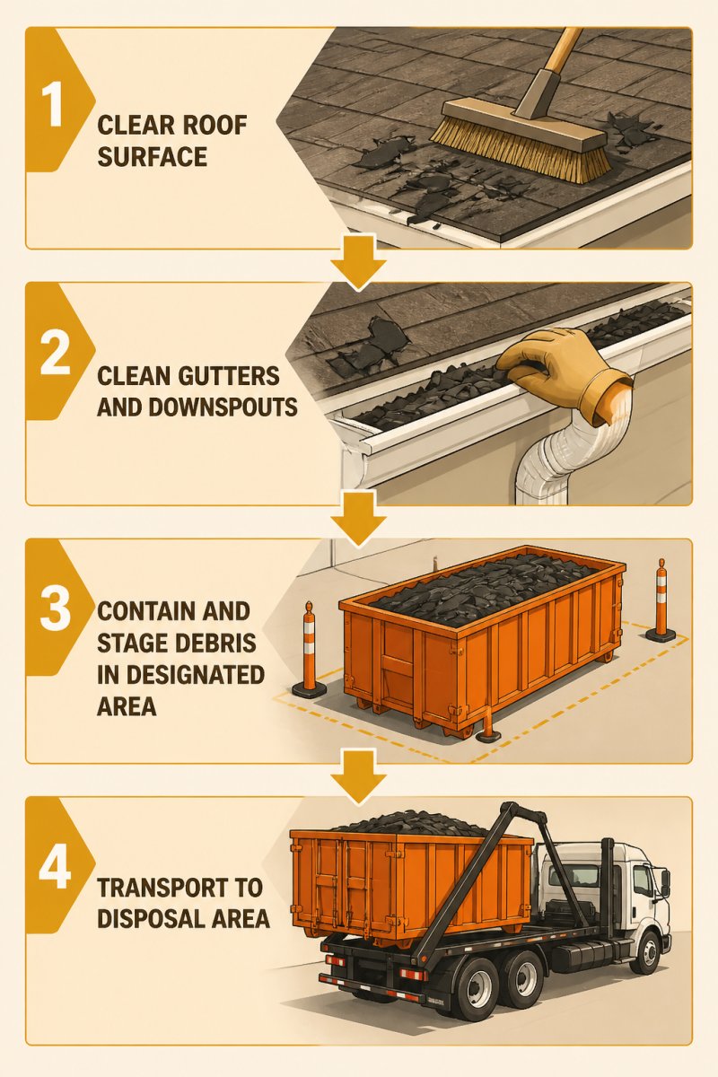 Flowchart showing four-step debris removal sequence: Step 1 Clear Roof Surface with soft broom, Step 2 Clean Gutters and Downspouts, Step 3 Contain and Stage Debris in designated area, Step 4 Transport to Disposal Area