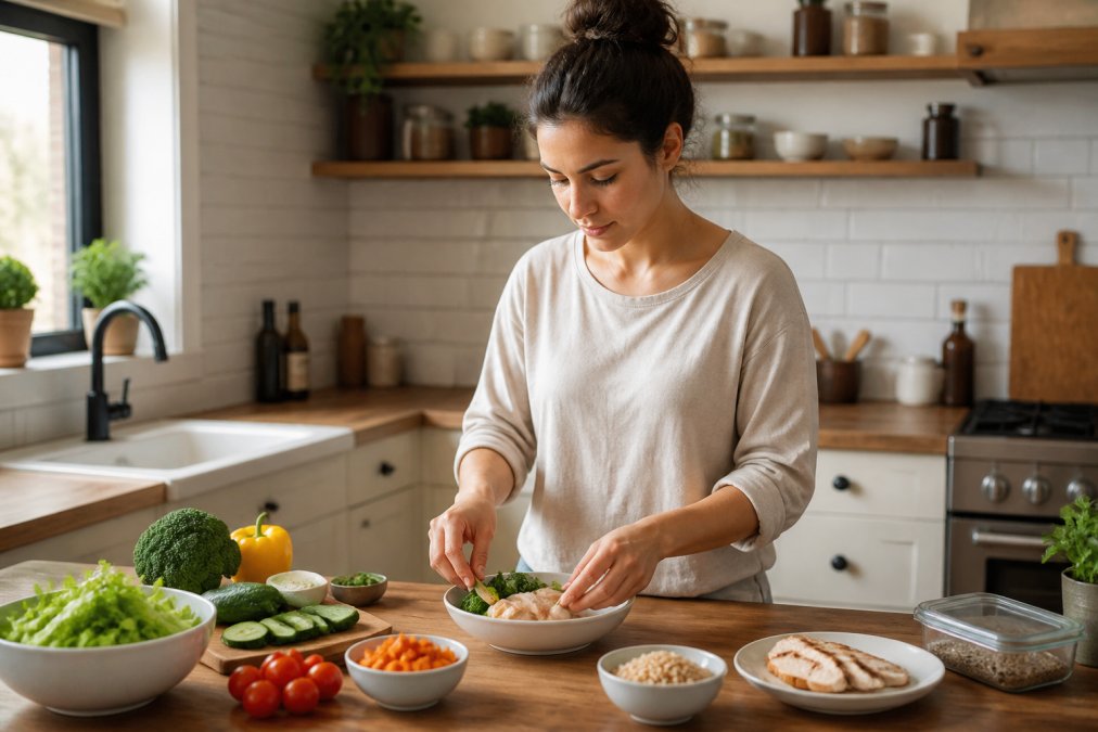 Person preparing small, bland meals in a bright kitchen with fresh vegetables, lean proteins, and whole grains arranged on a wooden counter