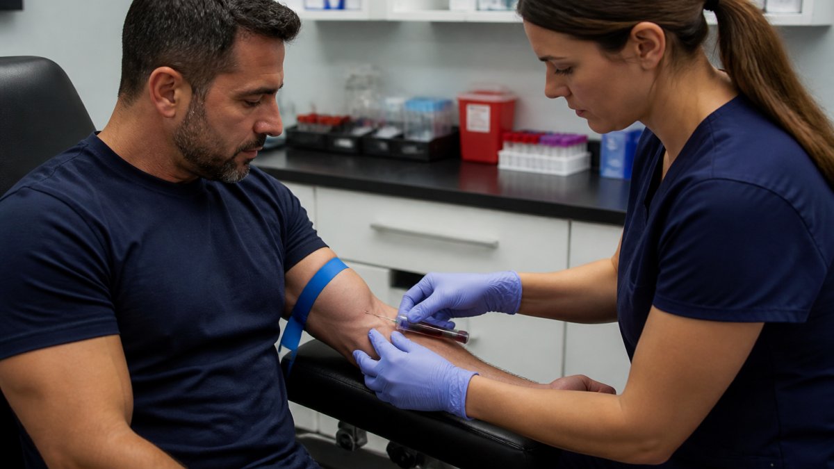 Healthcare professional drawing blood sample from patient's arm in clinical laboratory setting with proper sterile technique and equipment visible