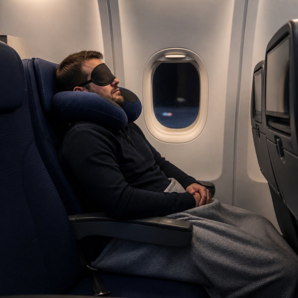 A business traveler in economy class wearing a neck pillow and eye mask, reclined in a window seat with a light blanket, soft cabin lighting in the background