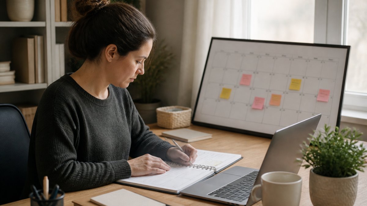 Person working at a desk with a calendar, planner, and laptop visible, showing organized content planning in a calm home office environment