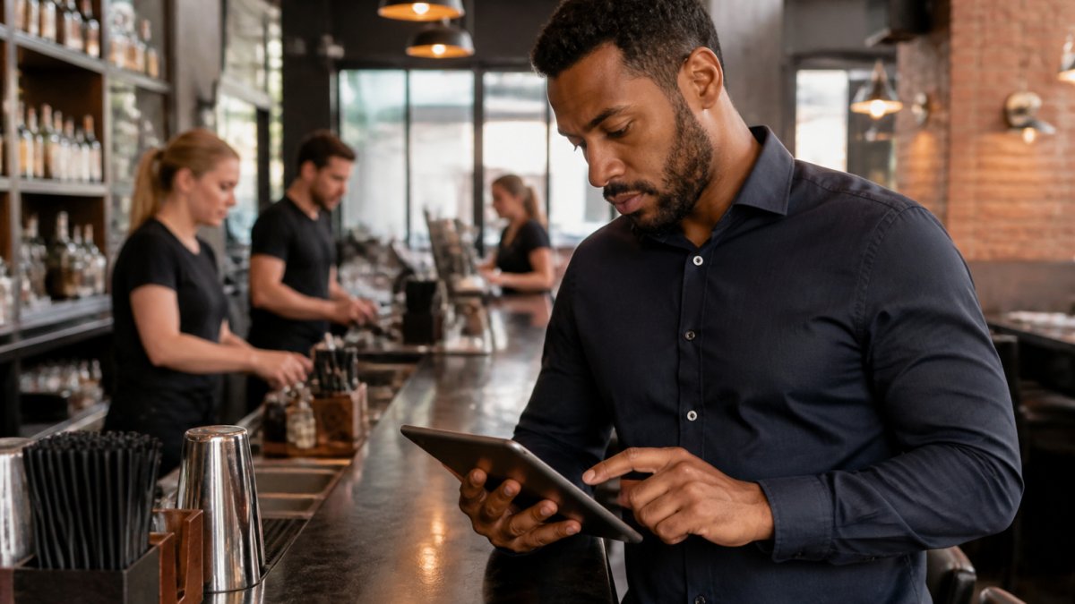 Bar manager checking digital staff training records on a tablet in a busy hospitality venue