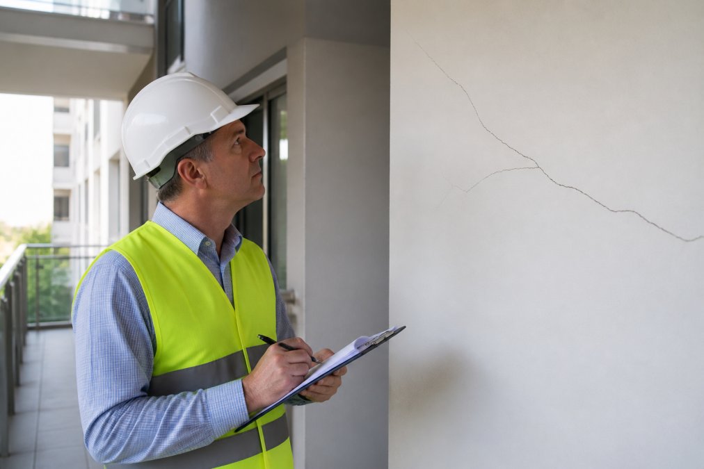 A building manager in a hard hat and high-vis vest inspecting a cracked wall in a modern apartment building's common area, holding a clipboard and taking notes
