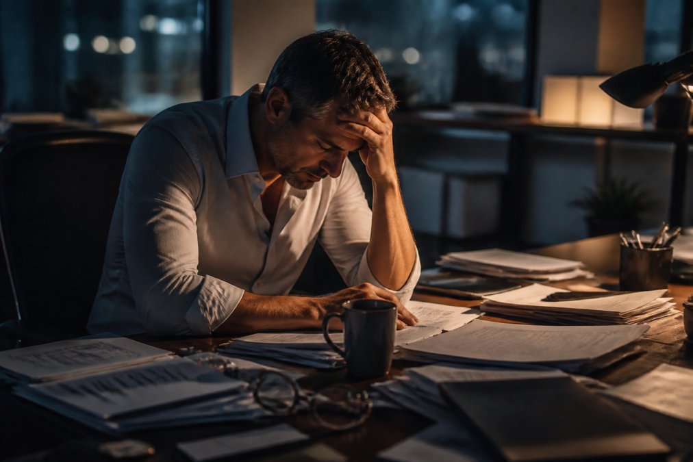 Corporate leader sitting alone at a desk in dimly lit office, head resting in hand, surrounded by papers and multiple screens, appearing fatigued and overwhelmed with stress