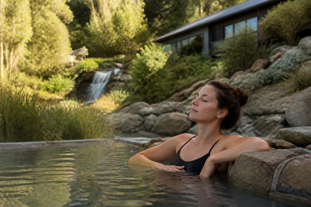 Calm professional in peaceful natural setting near thermal waters with lush greenery, meditating or resting peacefully, looking restored and serene with soft natural lighting