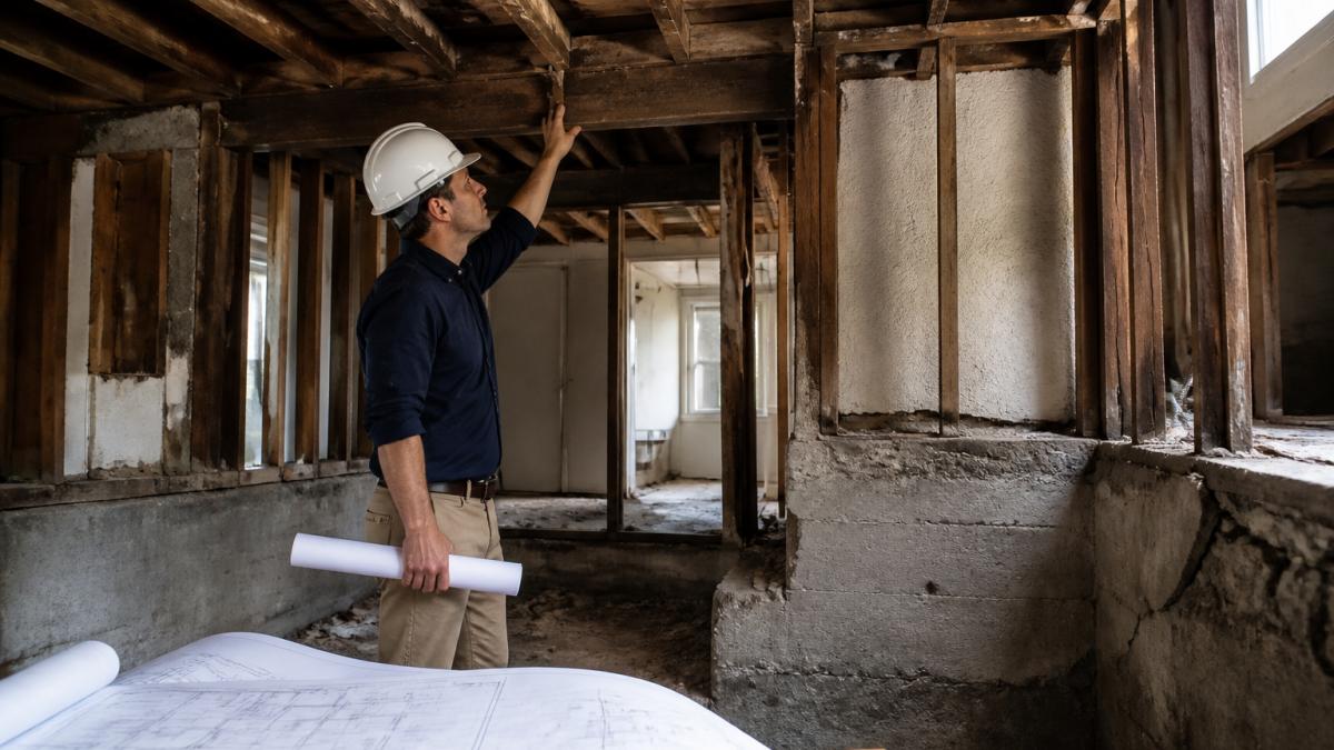 A structural engineer in a hard hat examining exposed load-bearing beams and foundation walls inside a high-end home under renovation, with architectural blueprints visible nearby
