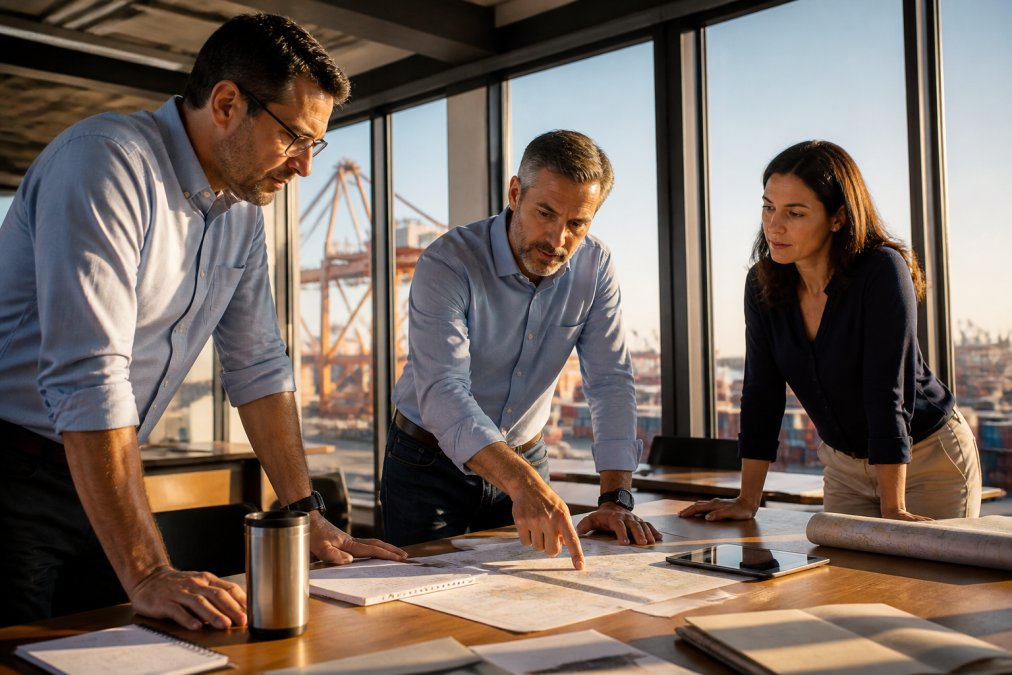 A logistics manager and two colleagues reviewing a risk map on a large screen in a modern operations room, pointing at shipping routes, warm afternoon light through large windows