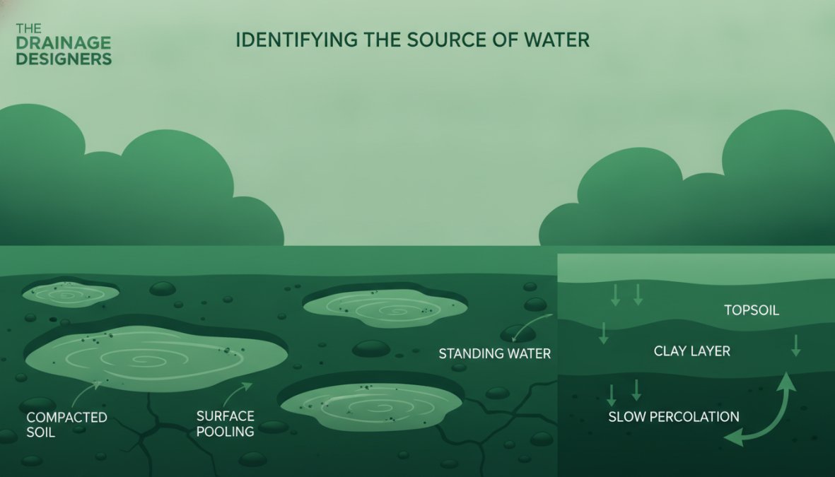 Close-up of waterlogged clay soil with standing water pooling in a residential garden, showing visible soil compaction and water saturation in grey-brown earth