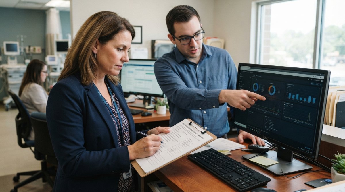 A healthcare practice manager reviewing a compliance checklist on a clipboard while a colleague points at a computer screen showing a security dashboard in a modern medical office
