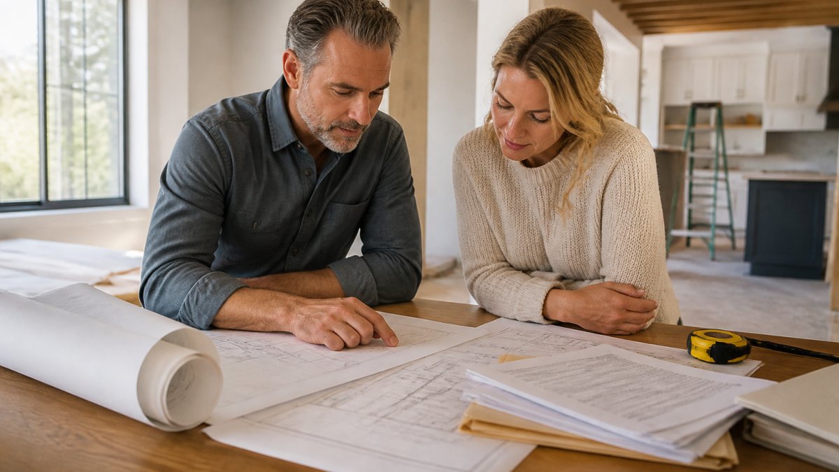 An architect and homeowner reviewing a set of rolled construction drawings and permit paperwork spread across a kitchen table in a home under renovation
