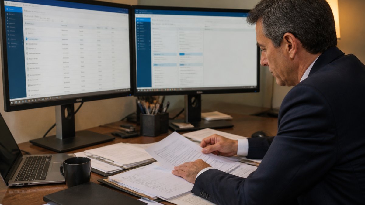 Hotel manager reviewing vendor contracts and security documentation at desk with multiple monitors showing vendor management software interface