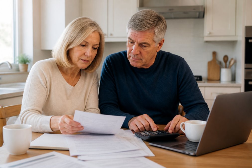 A retired couple in their early 60s sitting at a kitchen table with a laptop, reviewing financial documents and a calculator, with a cup of coffee nearby