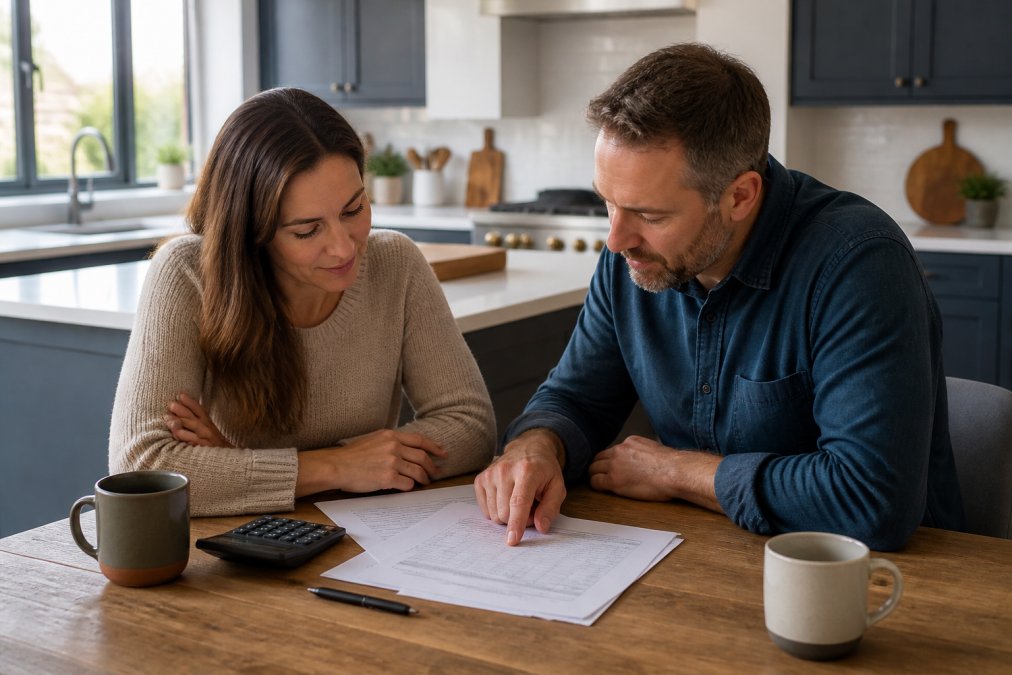 A homeowner and a contractor reviewing a printed budget spreadsheet at a kitchen table, with a calculator and coffee mugs nearby, natural window light