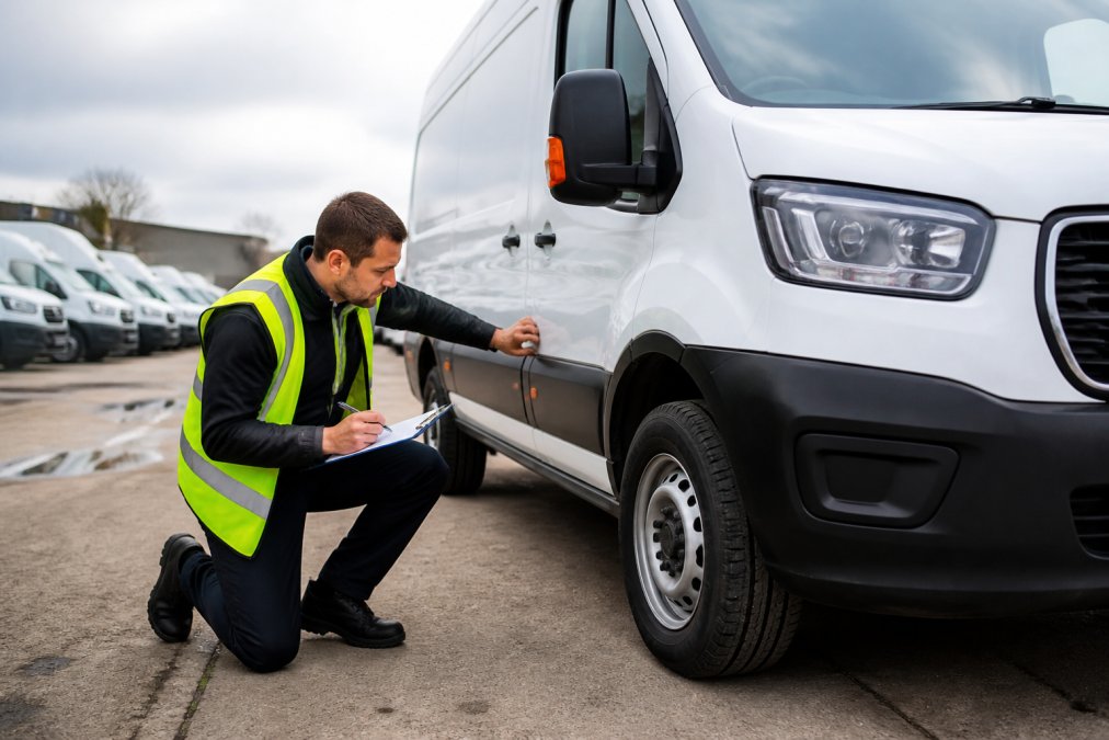 Fleet manager conducting a daily vehicle walkaround inspection in an outdoor depot, checking tyres and lights on a white van with morning sunlight across the parking area