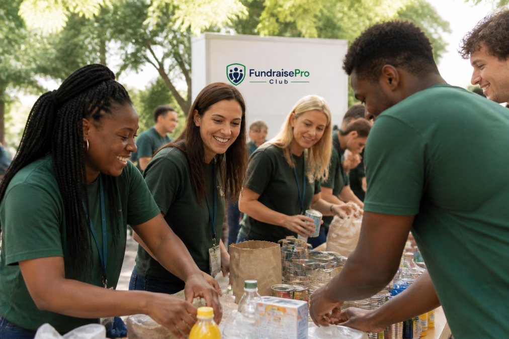 Diverse group of volunteers gathered together at a community event, smiling and collaborating actively, showing genuine camaraderie and positive team energy with natural outdoor lighting