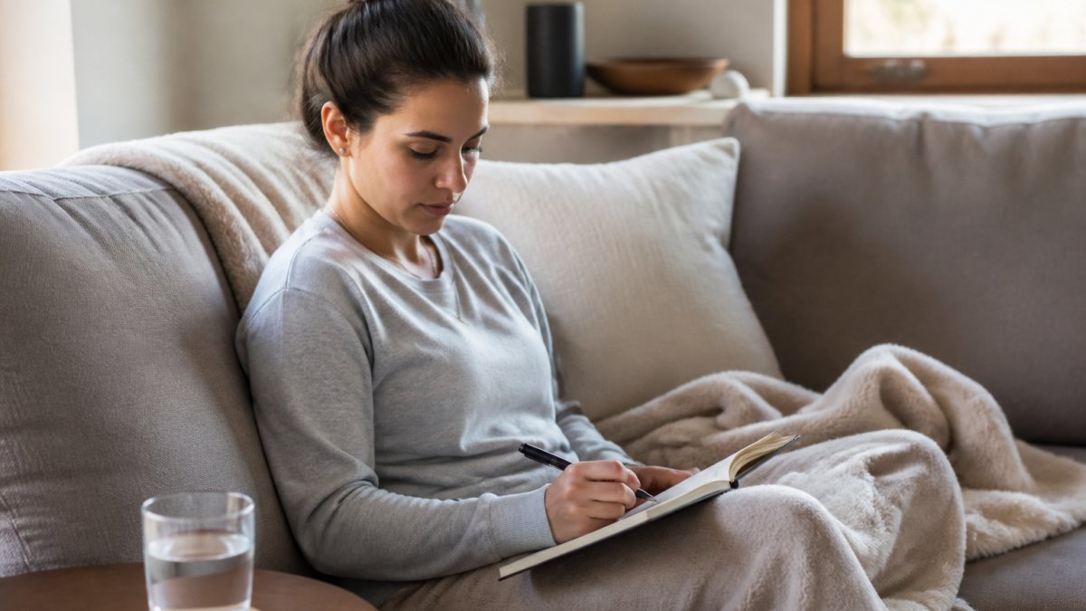 Woman in a comfortable home setting sitting on a soft couch with a journal on her lap, a glass of water on the side table, and a soft blanket nearby, representing daily symptom tracking and self-care