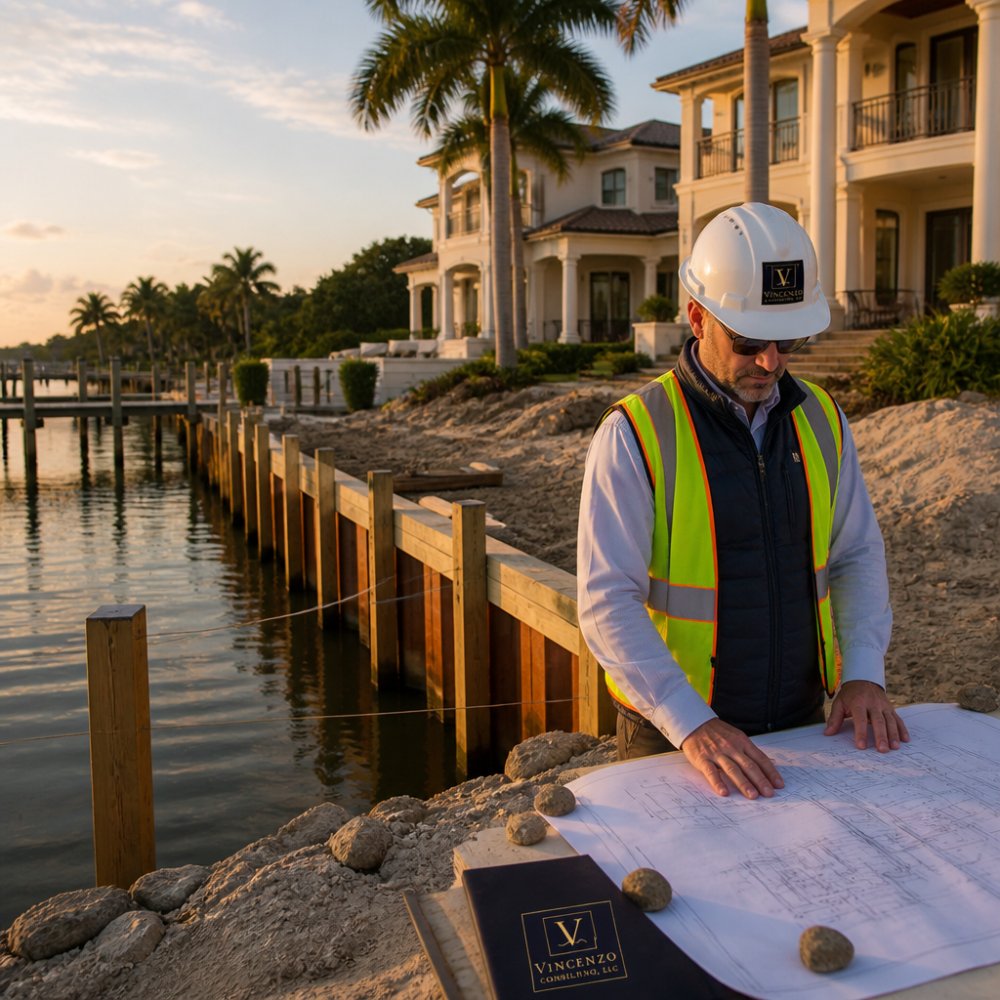 A construction manager in a hard hat and safety vest standing on a waterfront estate site, reviewing plans beside a partially installed bulkhead and calm water at golden hour