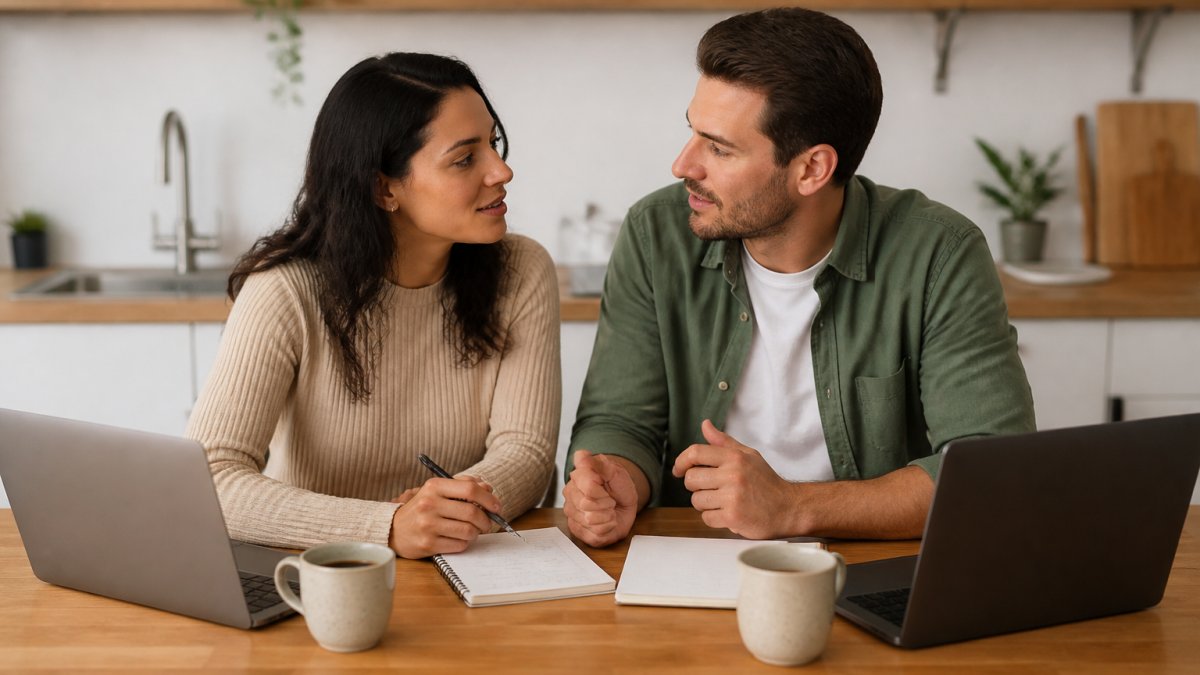 Engaged couple sitting together at a kitchen table with laptops and notebooks, having a calm discussion about finances, coffee cups nearby
