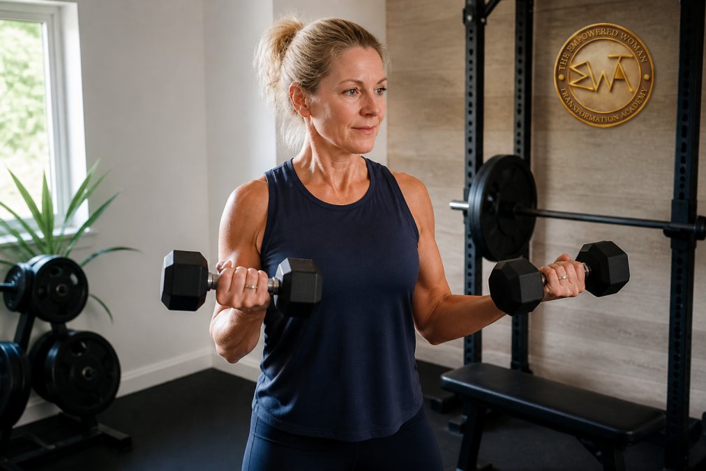 A woman in her 40s performing a strength exercise with dumbbells in a home gym setting, focused and confident