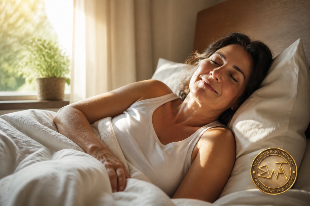 A woman resting peacefully in bed with morning light coming through the window, looking calm and restored