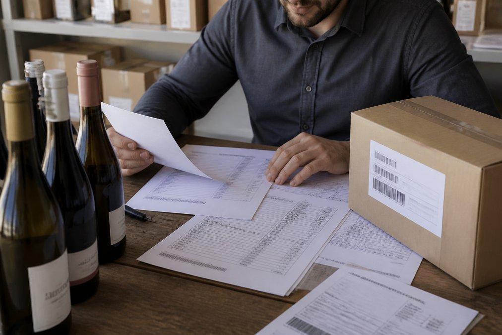 Restaurant manager or wine buyer reviewing import documents and shipping labels at a desk, with wine bottles and customs paperwork visible