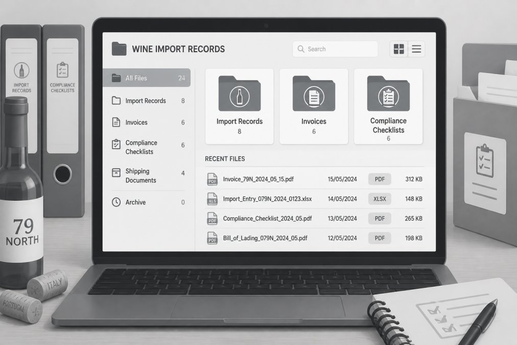 Close-up of organized digital files on a laptop screen showing wine import records, invoices, and compliance checklists