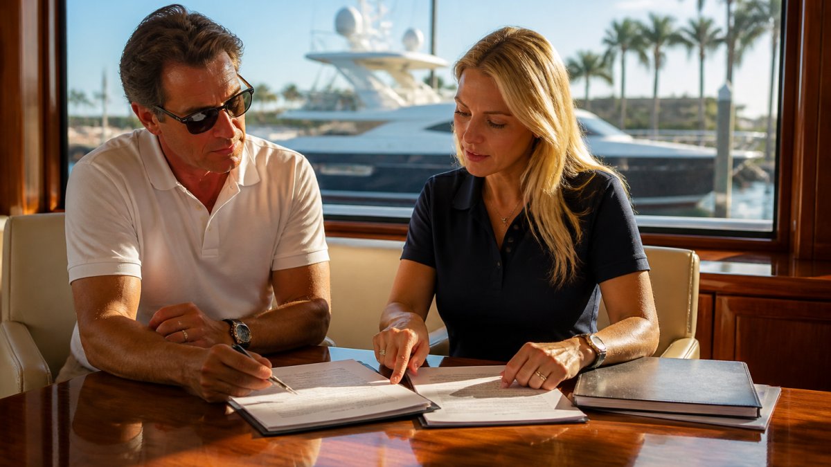 Yacht broker and buyer reviewing insurance binder and closing documents at a polished wooden desk with a center console yacht visible through the window behind them, morning light streaming across the paperwork