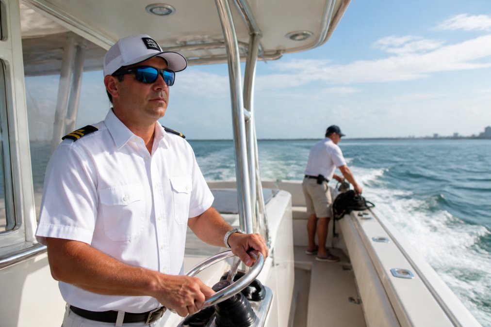 Professional captain in white uniform at the helm of a luxury center console yacht during daytime operations, with crew member visible in background managing deck equipment
