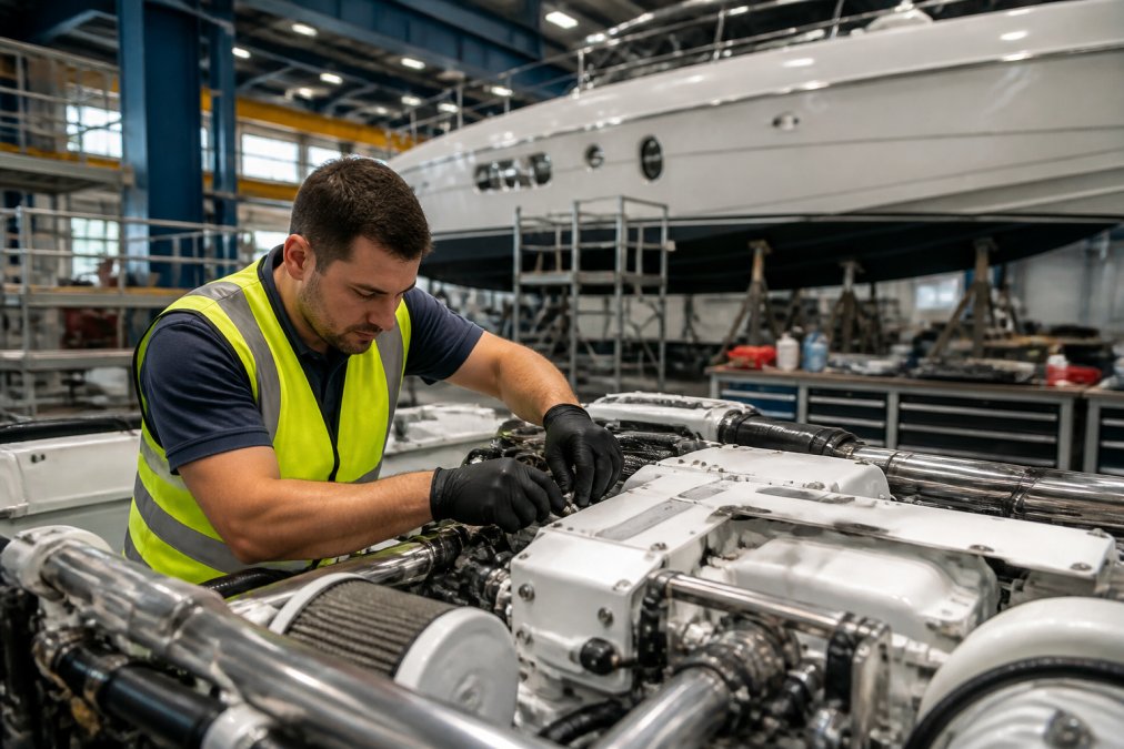 Marine technician in safety vest working on yacht engine components in a professional shipyard, with tools and equipment visible on workbench