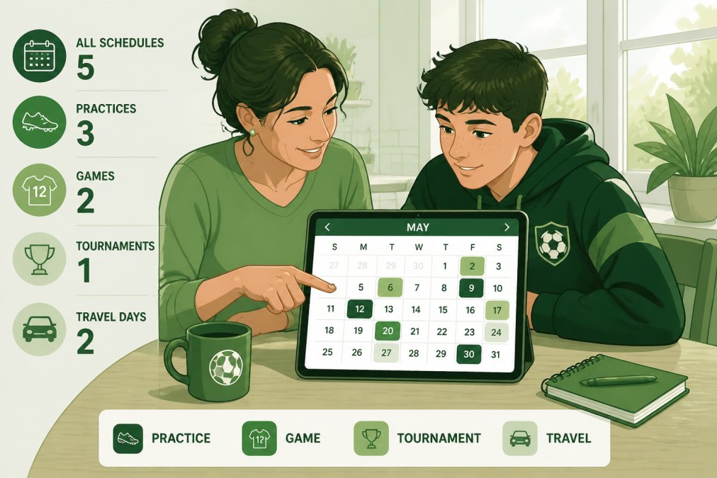 Parent and teenage athlete reviewing a color-coded calendar on a tablet together at a kitchen table, discussing schedule priorities with natural afternoon light coming through the window