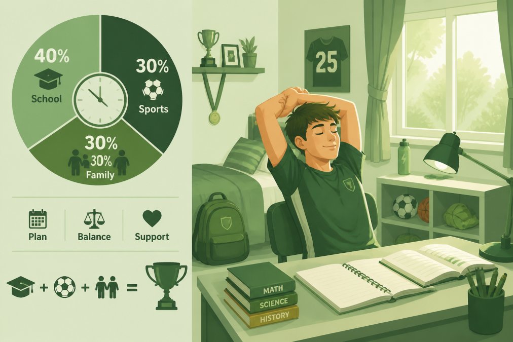 Young athlete sitting at homework desk in bedroom with sports equipment visible in background, taking a break to stretch, natural evening light from window, showing balance between academic and athletic responsibilities