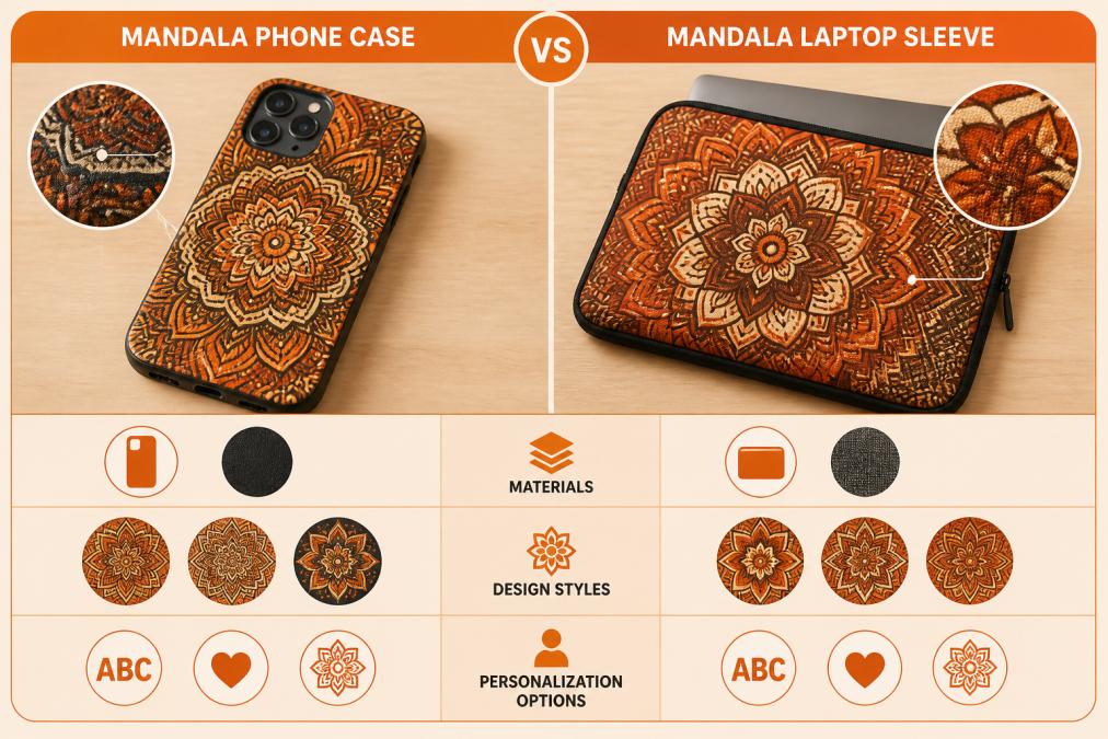 Close-up of a mandala-patterned phone case and mandala laptop sleeve displayed side-by-side on a natural wood surface, showing intricate design details, vibrant colors, and texture variations in the materials