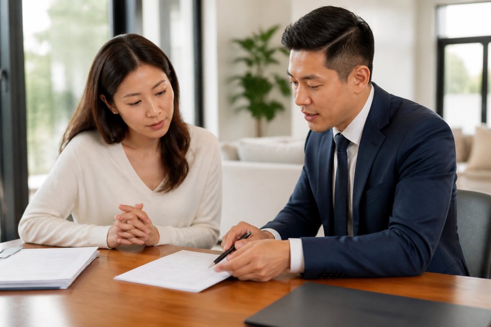 Mandarin-speaking real estate agent meeting with an international buyer in a bright, modern home office, reviewing property documents together over a desk
